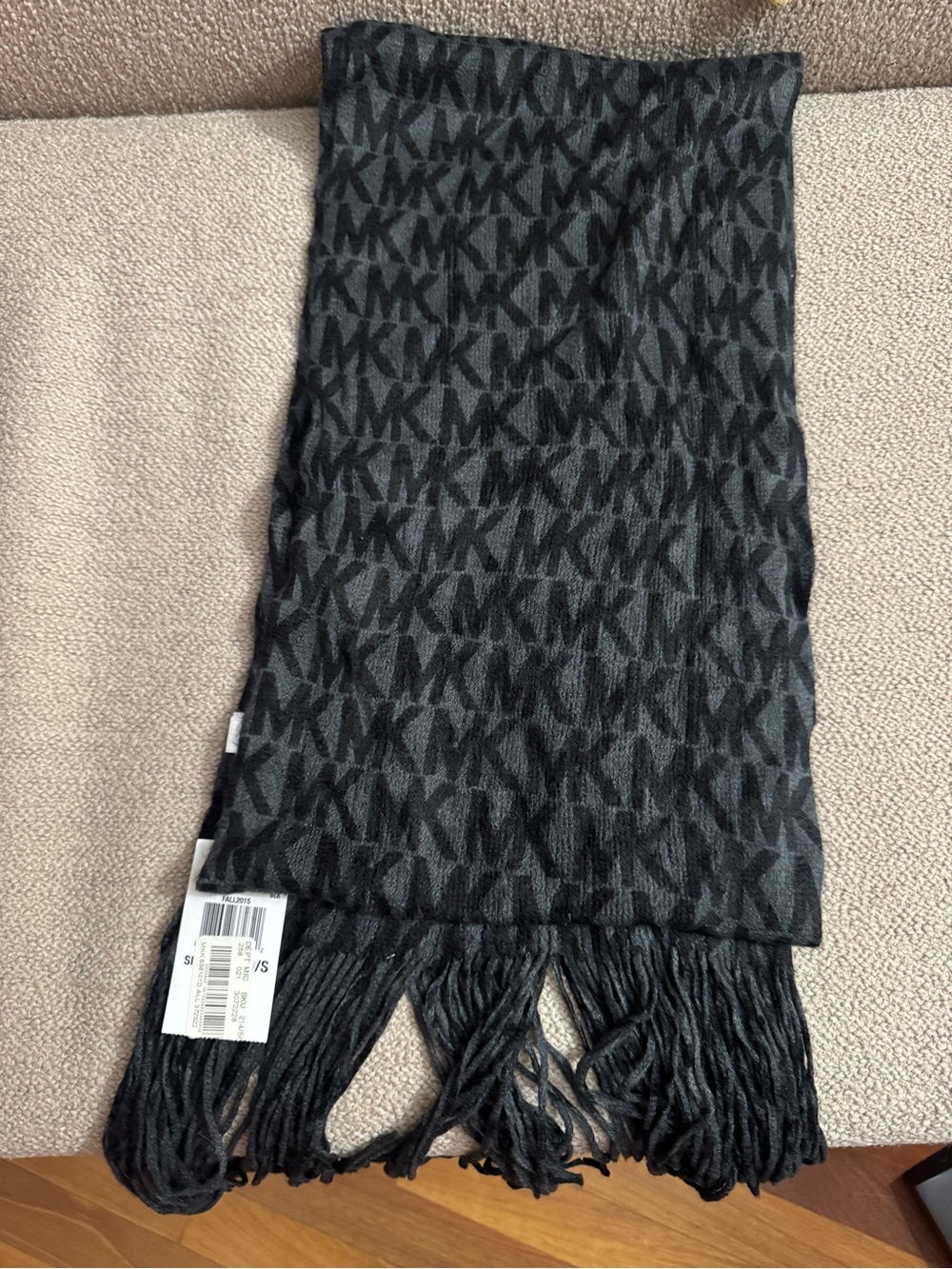 MICHAEL Michael Kors Black and Charcoal MK Logo Scarf with Fringe